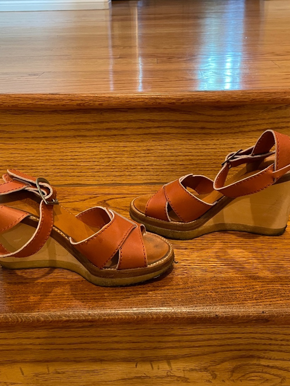 Chloé Vintage Cognac Leather Wooden Wedge Platform Sandals Size 38 (US 7.5/8) - Picture 4 of 7
